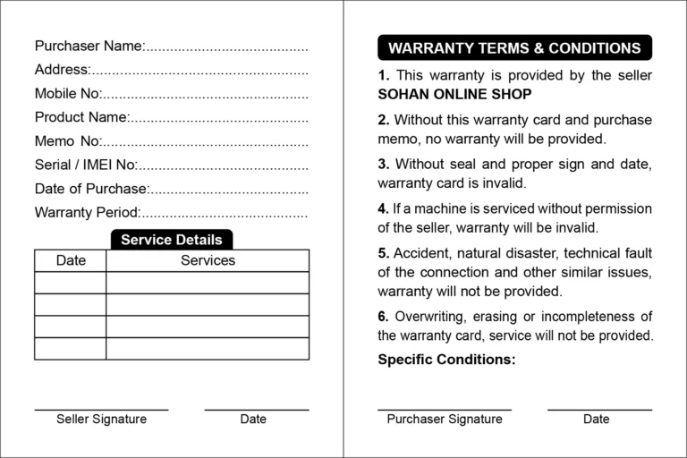 Warranty card sohan online shop 2