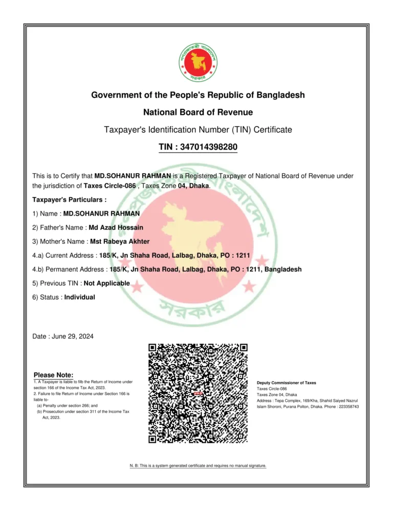 e-Tin Certificate Sohan Online Shop