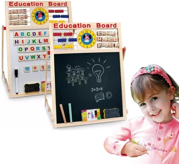 Educational Learning Multipurpose Double-Sided Magnetic Wooden Writing, Drawing Board Whiteboard + Blackboard - Image 1