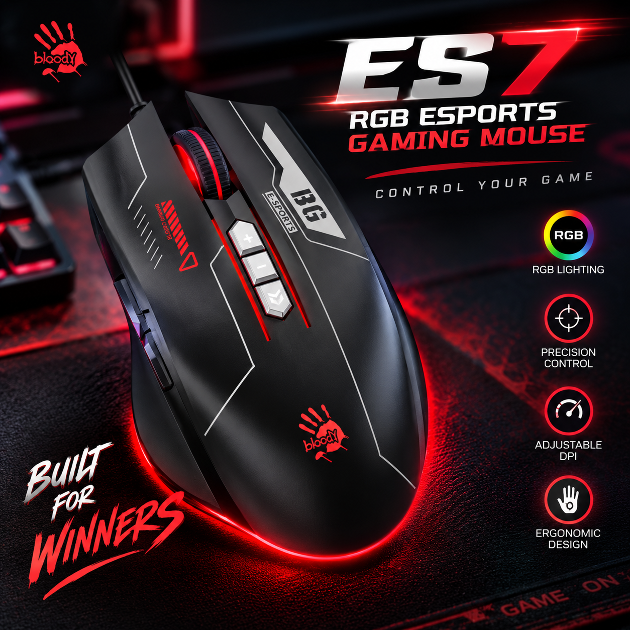 Bloody ES7 RGB Esports Gaming Mouse – PixArt Sensor, Up to 6000 CPI & 1ms Response Time