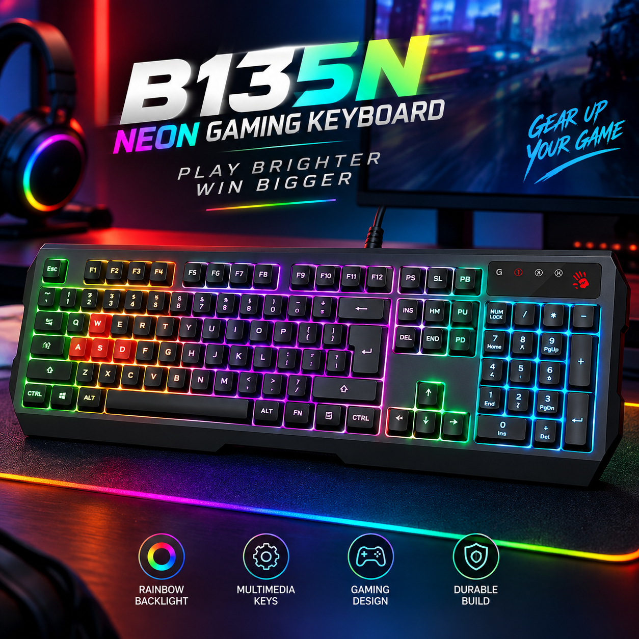 Bloody B135N Neon Gaming Keyboard – 1000Hz Report Rate, Water-Resistant & Screw-Enhanced Space-Bar
