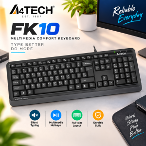 A4Tech FK10 Wired Multimedia Keyboard with 12 Hotkeys & Round-Square Keycaps