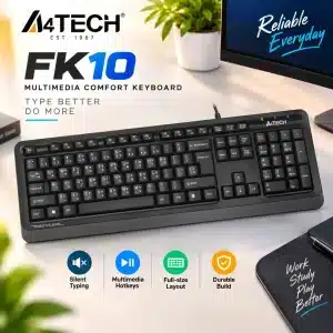 A4Tech FK10 Wired Multimedia Keyboard with 12 Hotkeys & Round-Square Keycaps