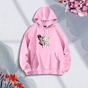 Ladies Comfortable Sunflower Butterflies-Pink winter hoodie - Sohan Online Shop
