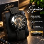 Signature Classic Men's Watch with Metal Body & Artificial Leather Strap (Black) - Sohan Online Shop