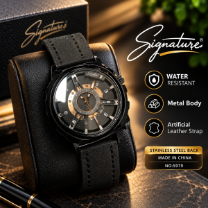 Signature Classic Men's Watch with Metal Body & Artificial Leather Strap (Black) - Sohan Online Shop