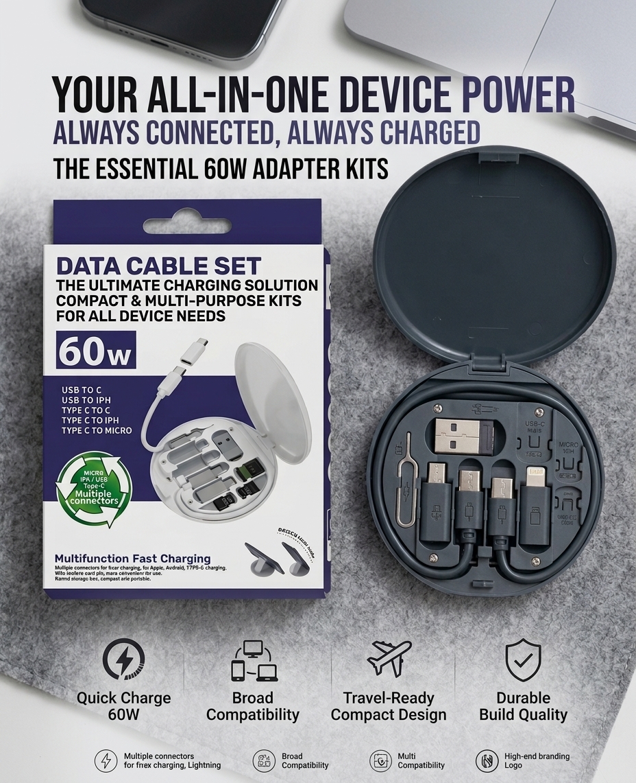 60W Fast Charging Data Cable 3-in-1 USB Cable Set with Storage Box & Phone Stand Case 60W Fast Charging Data Cable 3-in-1 USB Cable Set with Storage Box & Phone Stand Case