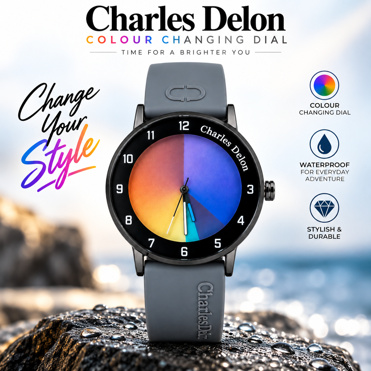 OfNjC3Zxrz8mbDQ9ZigvvFEAkjcqeYdLuZXaP19b.png Charles Delon Waterproof Color-Changing Dial Watch for Him & Her - Sohan Online Shop