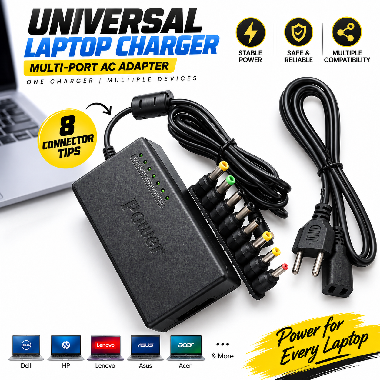 Universal Laptop Charger Multi-Port AC Adapter – 100V-240V Multi-Connector Power Supply for All Brands
