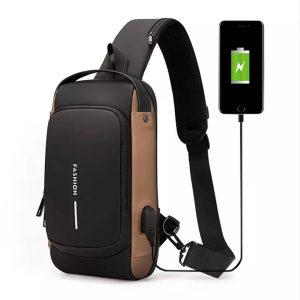 USB charging sport sling Anti-theft shoulder bag (brown shape ) - Sohan Online Shop