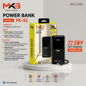 MKB PK62 PD|20W 22.5W 20000mAh POWER BANK WITH DUAL CABLES - Sohan Online Shop