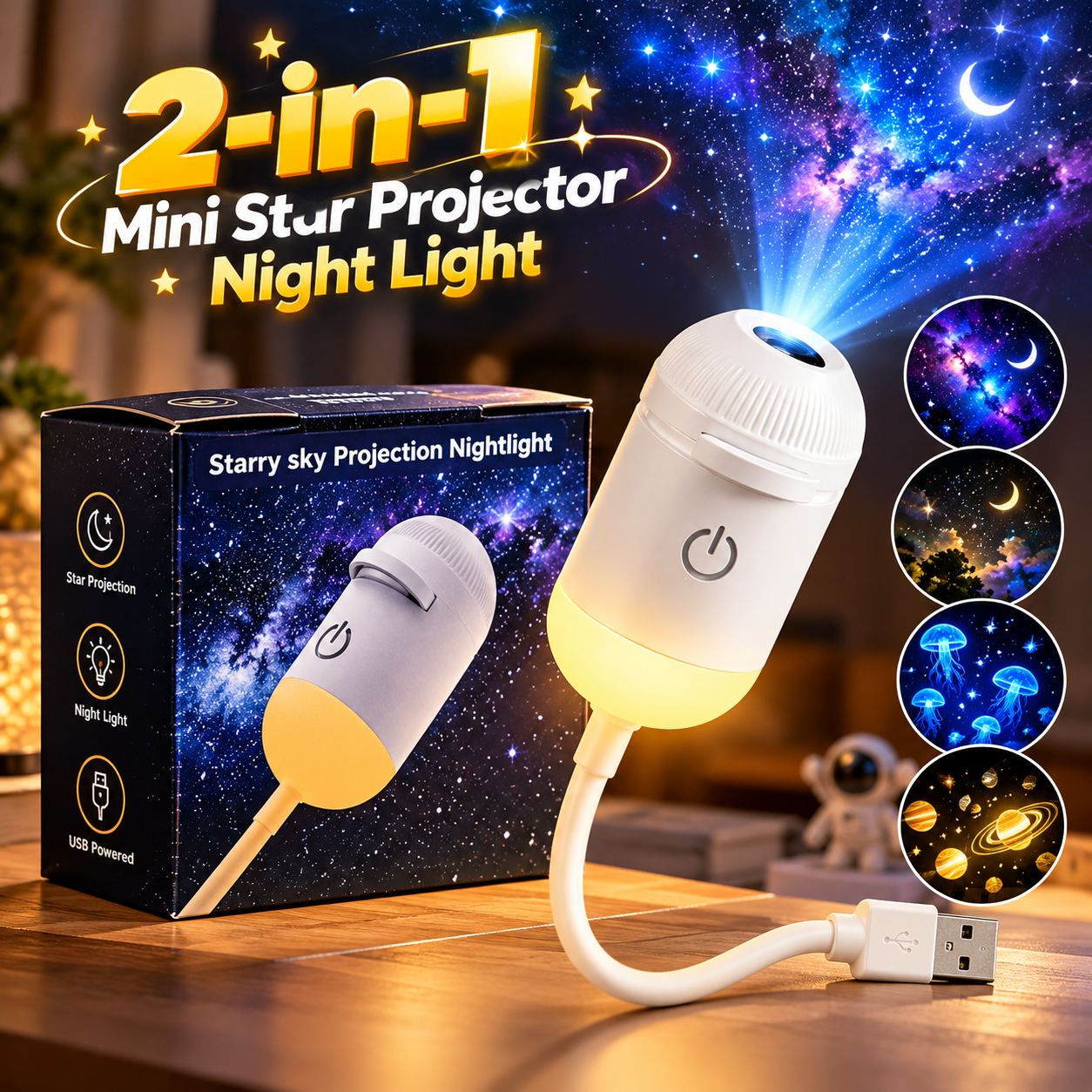 2-in-1 USB Mini Galaxy Star Projector & Bedside Night Light with 360° Flexible Design & 12 Interchangeable Disks - Sohan Online Shop